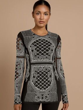 Black Long-Sleeve Embellished Mesh Dress